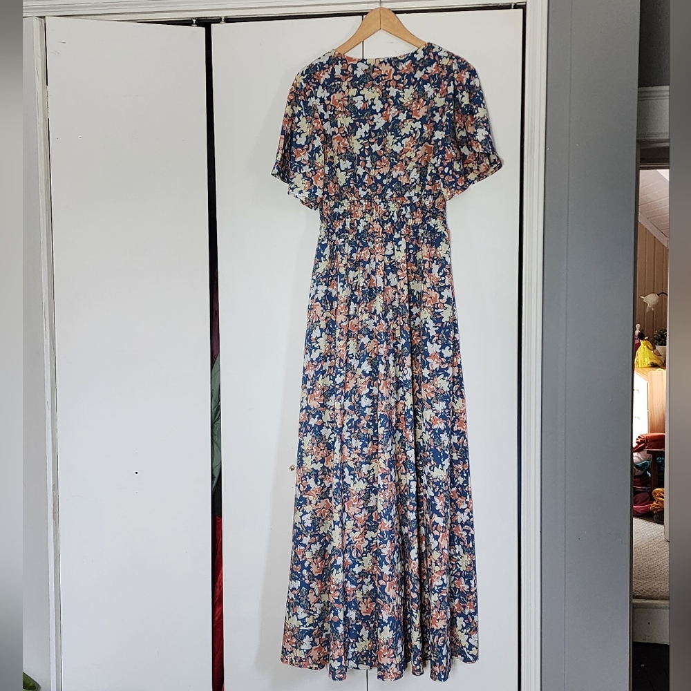 Baltic Born Navy Floral V-Neck Maxi Dress with Peach Accent - Picture 2 of 4